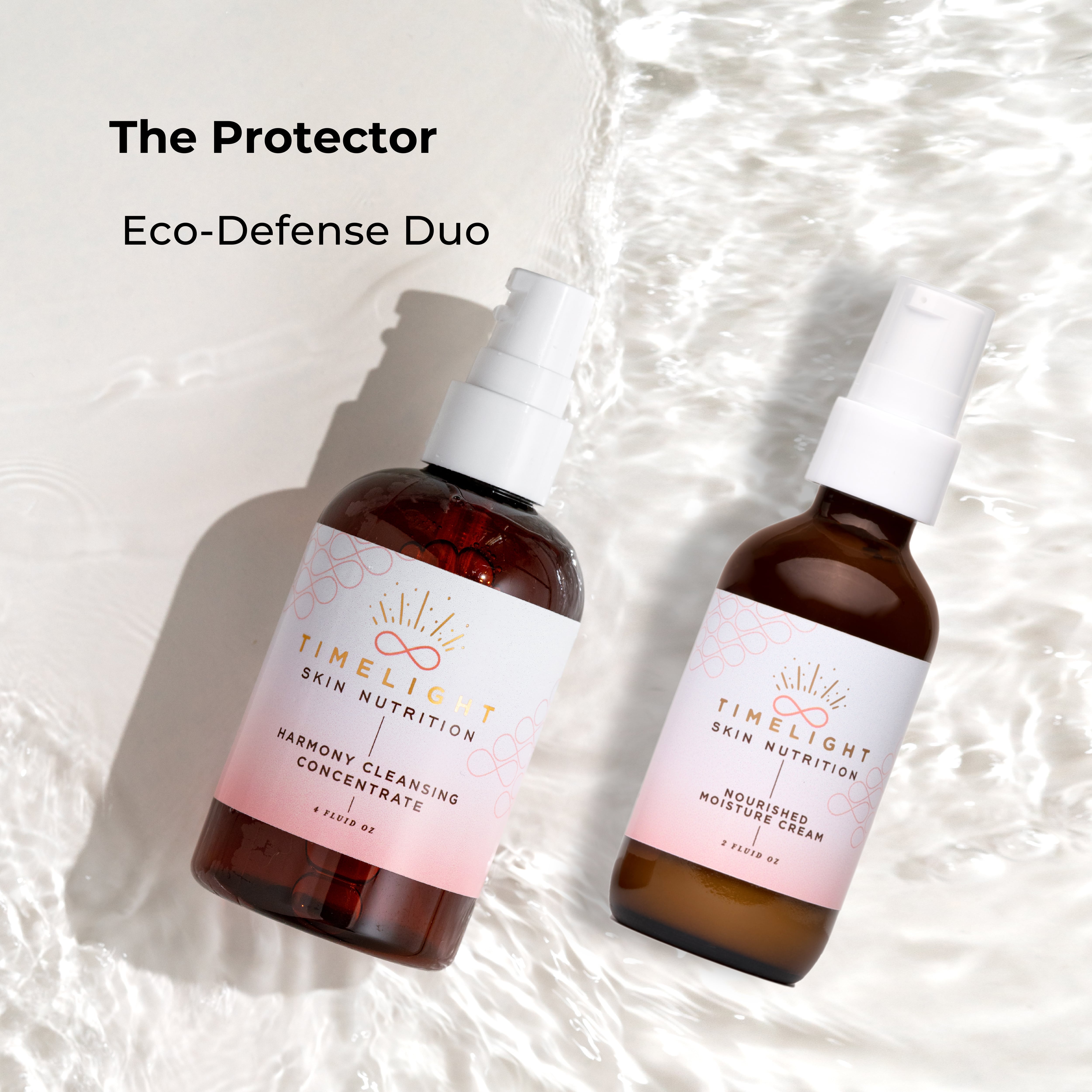 The Protector: Eco-Defense Duo featuring a gentle Harmony Cleanse and Nourished Moisturizer. A minimalist, eco-conscious skincare set for balanced, healthy skin and a simple daily routine that supports the environment.
