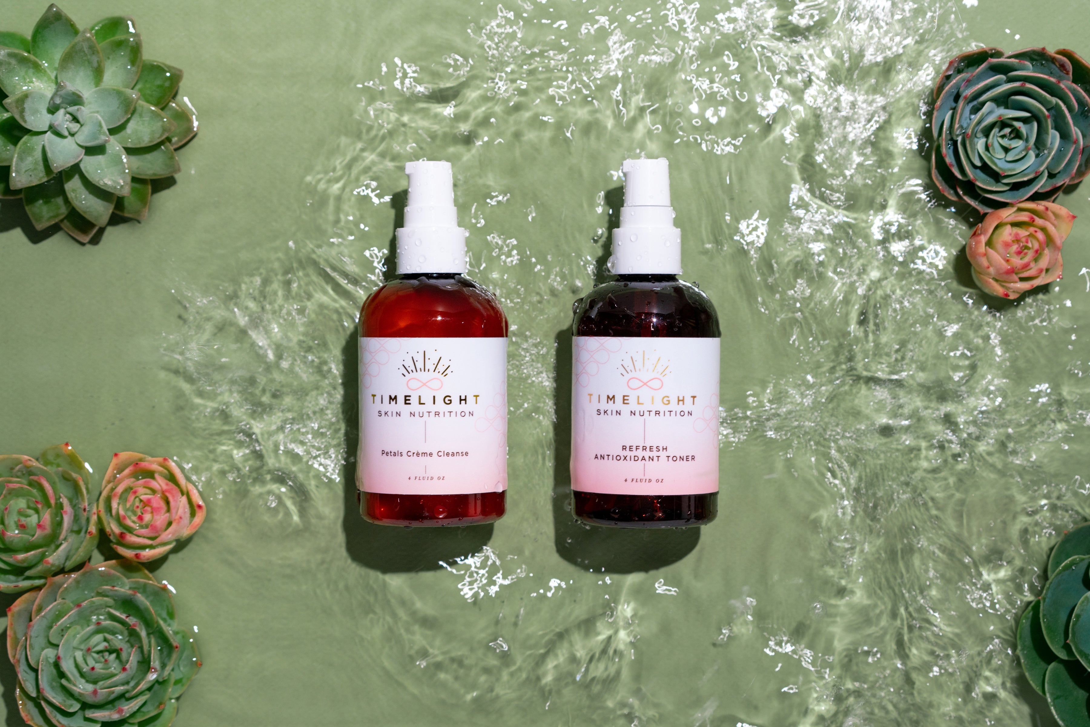 "Skin Nutrition Duo: Two elegant bottles of rejuvenating skincare solutions surrounded by lush succulents and droplets of water, set against a refreshing green background."