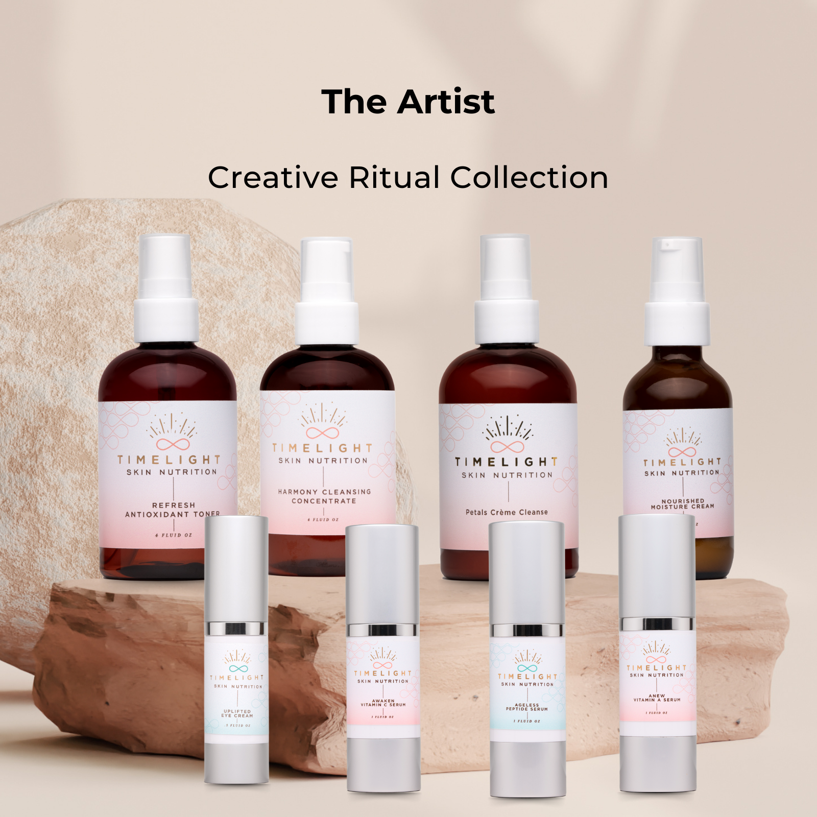 The Artist: Complete Ritual Collection featuring a luxurious skincare lineup—Harmony Gel Cleanser, Petals Cream Cleanser, Refresh Toner, Nourished Moisturizer, Trinity of Serums, and Uplifted Eye Cream. This premium kit offers a multi-step ritual designed to restore, rejuvenate, and elevate the skin’s natural radiance.